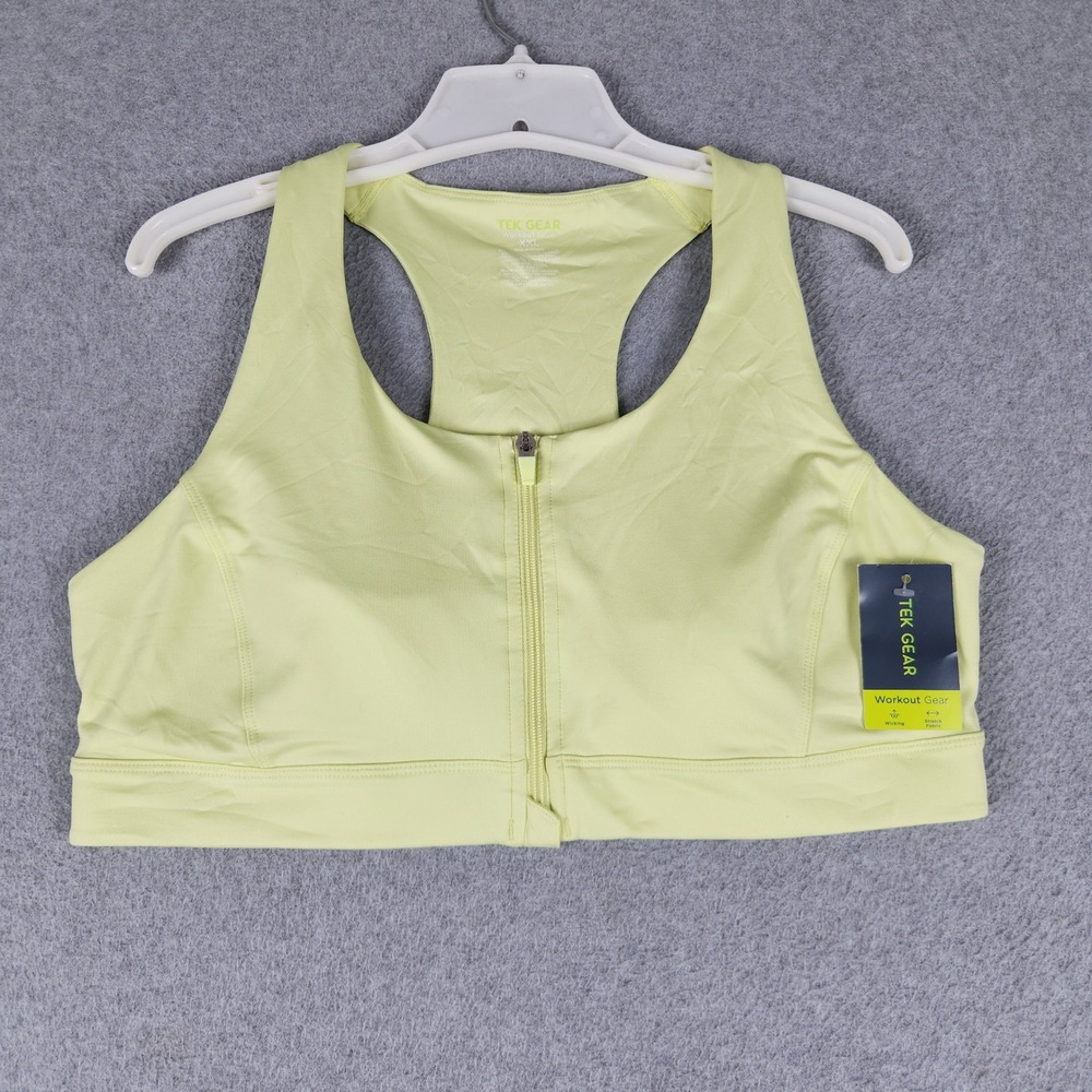 Tek Gear Sports Bra Womens XXL Lime Green Front Zip Medium Impact Racerback